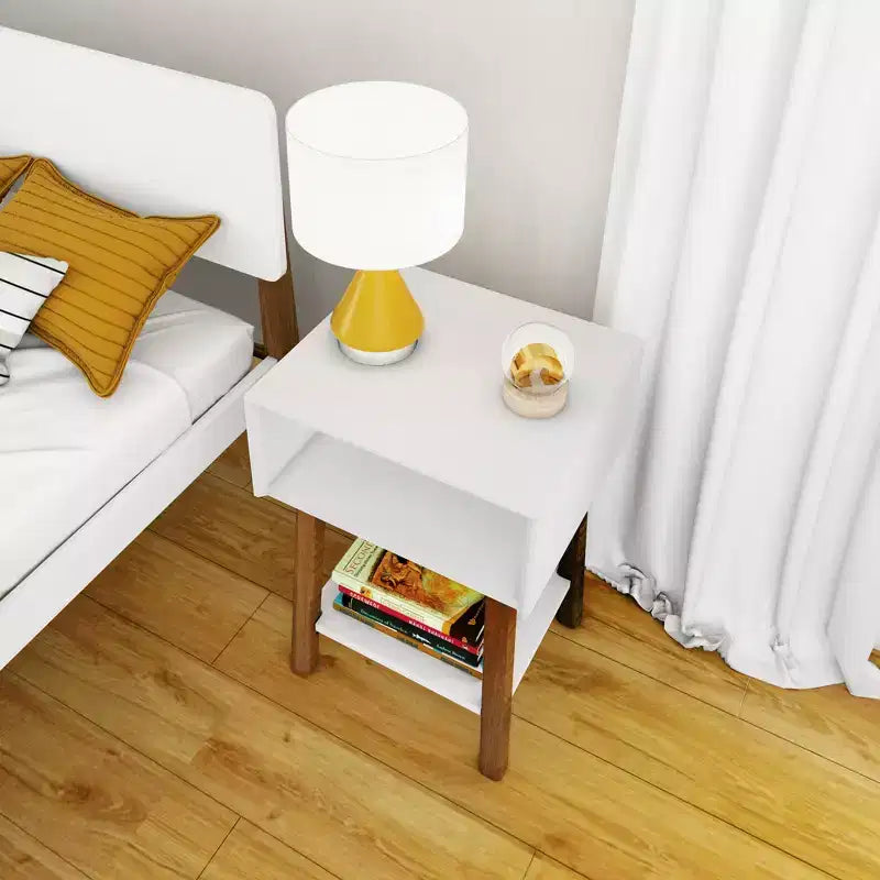 Nightstand with Cubby Shelf and Open Shelf, Solid Wood Bedside Table