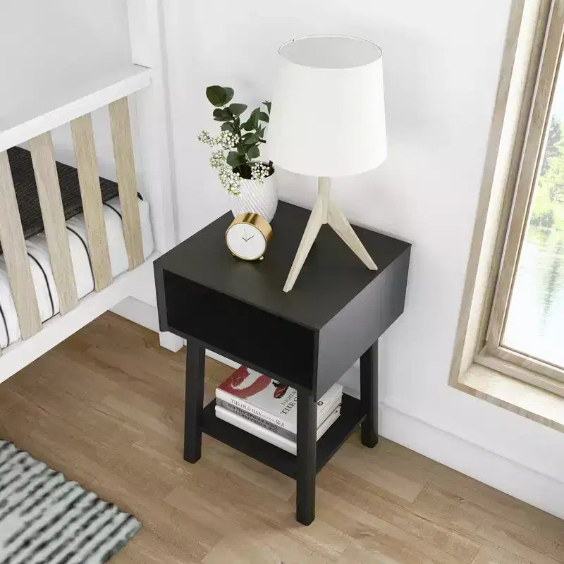 Nightstand with Cubby Shelf and Open Shelf, Solid Wood Bedside Table