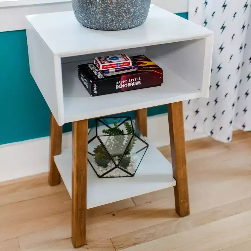 Nightstand with Cubby Shelf and Open Shelf, Solid Wood Bedside Table