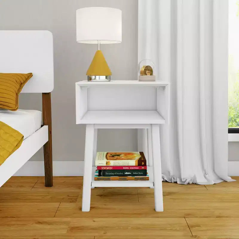 Nightstand with Cubby Shelf and Open Shelf, Solid Wood Bedside Table