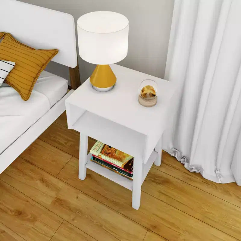 Nightstand with Cubby Shelf and Open Shelf, Solid Wood Bedside Table
