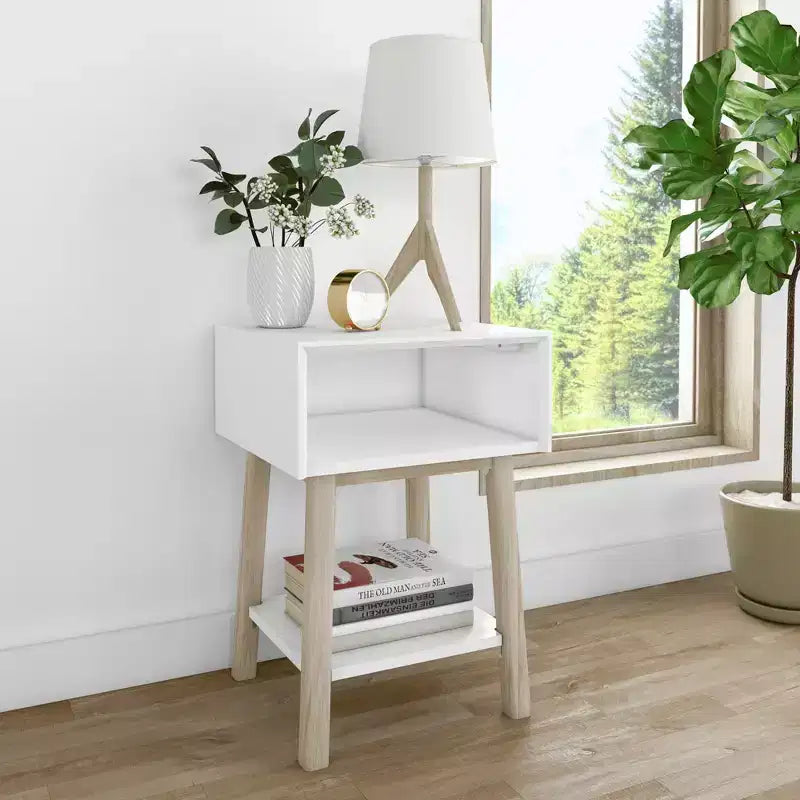 Nightstand with Cubby Shelf and Open Shelf, Solid Wood Bedside Table