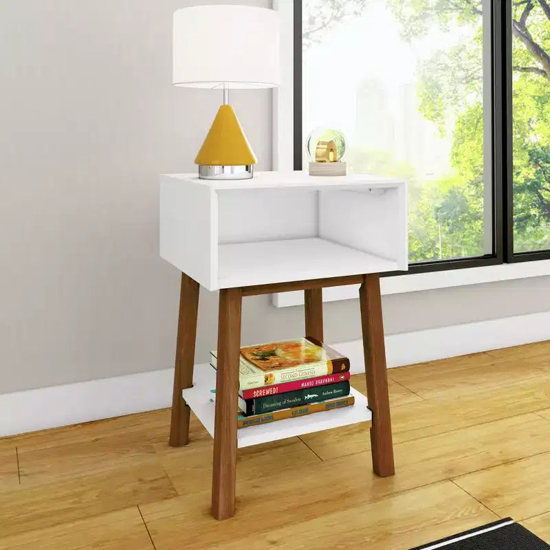 Nightstand with Cubby Shelf and Open Shelf, Solid Wood Bedside Table